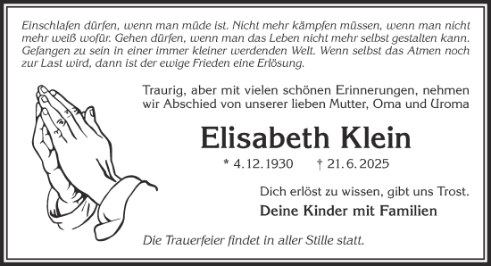 Traueranzeige von Elisabeth Klein von Gelnhäuser Neue Zeitung