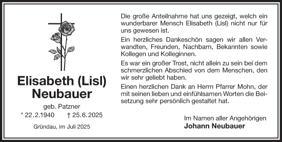 Traueranzeige von Elisabeth Neubauer von Gelnhäuser Neue Zeitung