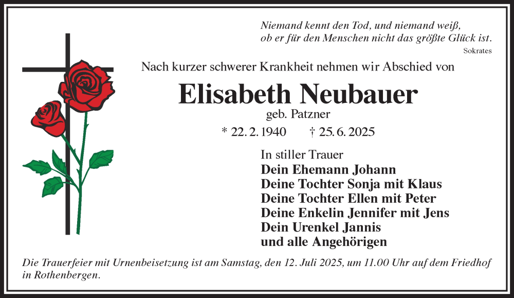  Traueranzeige für Elisabeth Neubauer vom 05.07.2025 aus Gelnhäuser Neue Zeitung