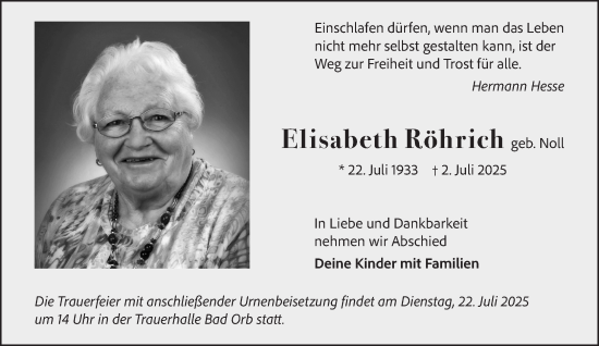 Traueranzeige von Elisabeth Röhrich von Gelnhäuser Neue Zeitung