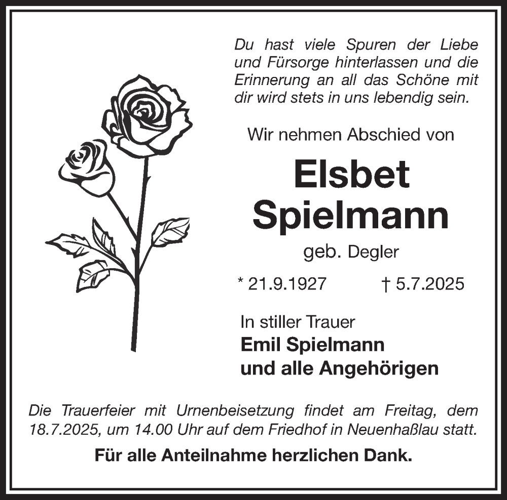  Traueranzeige für Elsbet Spielmann vom 12.07.2025 aus Gelnhäuser Neue Zeitung