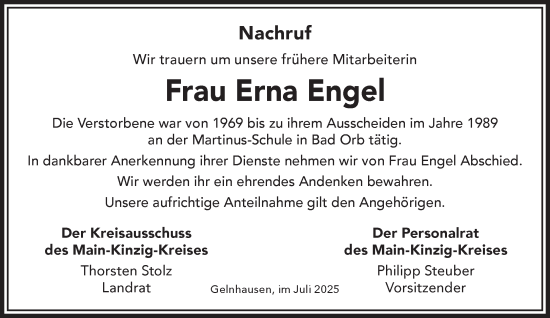 Traueranzeige von Erna Engel von Gelnhäuser Neue Zeitung