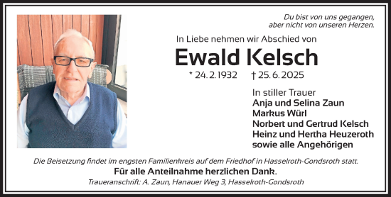 Traueranzeige von Ewald Kelsch von Gelnhäuser Neue Zeitung