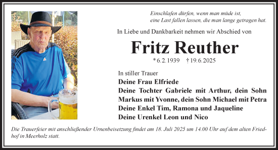Traueranzeige von Fritz Reuther von Gelnhäuser Neue Zeitung