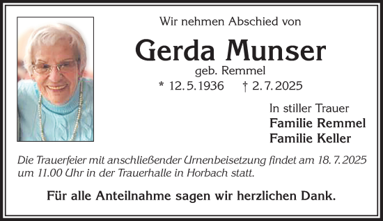 Traueranzeige von Gerda Munser von Gelnhäuser Neue Zeitung