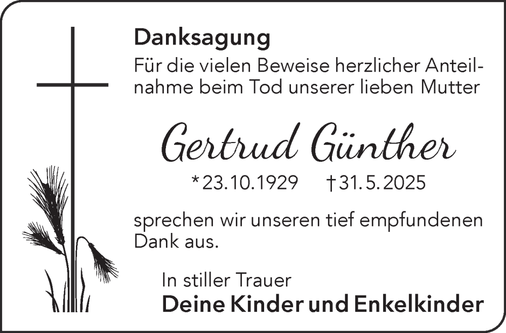  Traueranzeige für Gertrud Günther vom 05.07.2025 aus Gelnhäuser Neue Zeitung