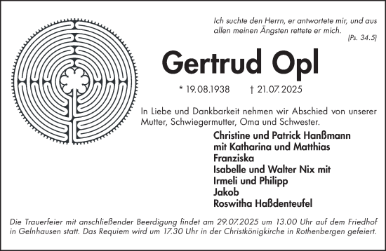 Traueranzeige von Gertrud Opl von Gelnhäuser Neue Zeitung