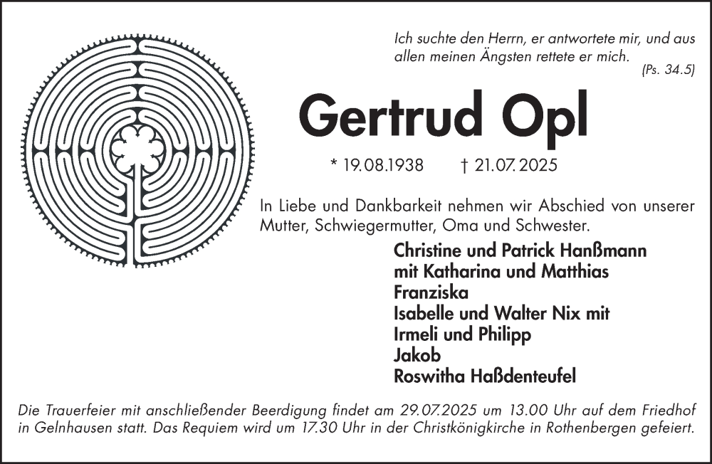  Traueranzeige für Gertrud Opl vom 26.07.2025 aus Mittelhessen-Bote