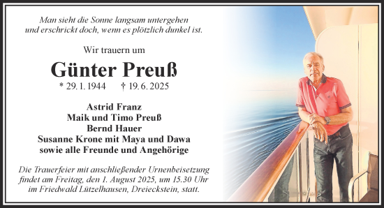 Traueranzeige von Günter Preuß von Gelnhäuser Neue Zeitung