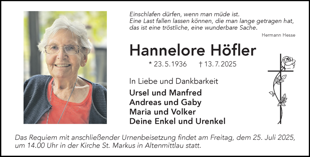  Traueranzeige für Hannelore Höfler vom 19.07.2025 aus Gelnhäuser Neue Zeitung