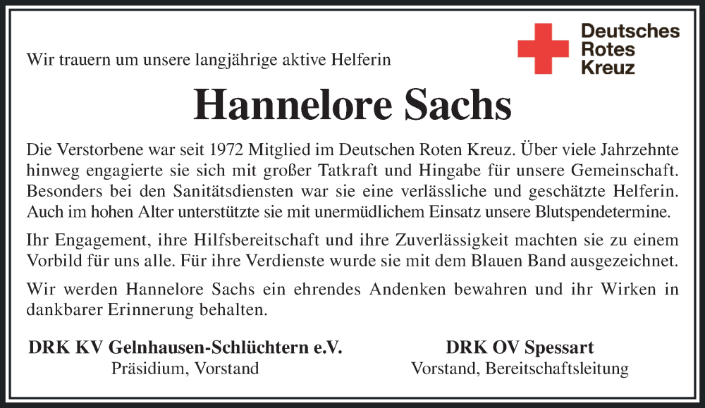  Traueranzeige für Hannelore Sachs vom 18.07.2025 aus Gelnhäuser Neue Zeitung