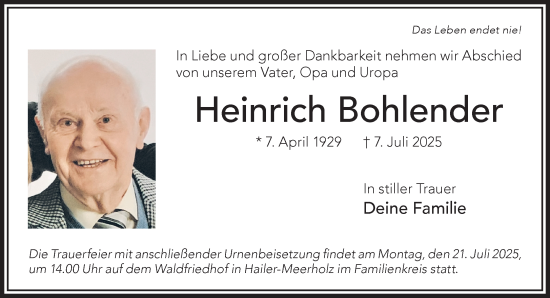 Traueranzeige von Heinrich Bohlender von Gelnhäuser Neue Zeitung