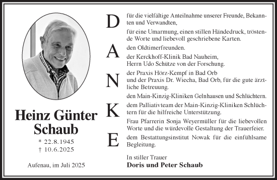 Traueranzeige von Heinz Günter Schaub von Gelnhäuser Neue Zeitung