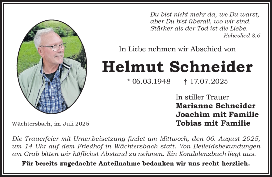 Traueranzeige von Helmut Schneider von Gelnhäuser Neue Zeitung