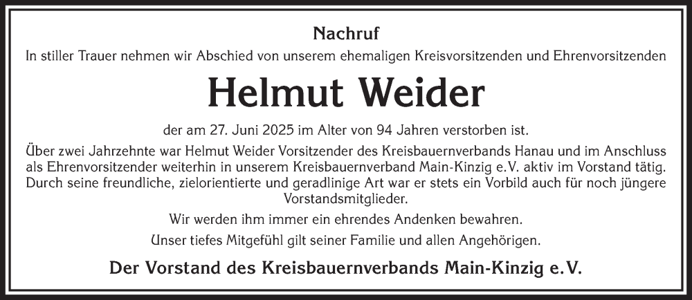  Traueranzeige für Helmut Weider vom 05.07.2025 aus Gelnhäuser Neue Zeitung
