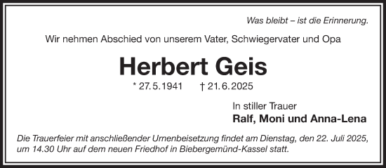 Traueranzeige von Herbert Geis von Gelnhäuser Neue Zeitung