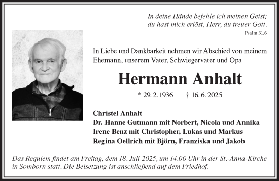 Traueranzeige von Hermann Anhalt von Gelnhäuser Neue Zeitung