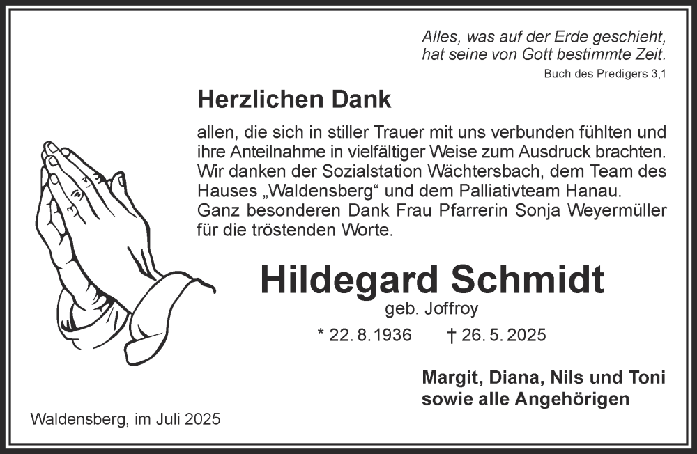  Traueranzeige für Hildegard Schmidt vom 05.07.2025 aus Mittelhessen-Bote