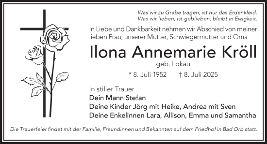 Traueranzeige von Ilona Annemarie Kröll von Gelnhäuser Neue Zeitung