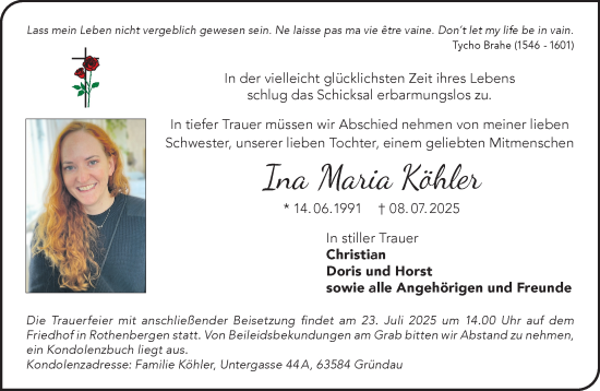Traueranzeige von Ina Maria Köhler von Gelnhäuser Neue Zeitung