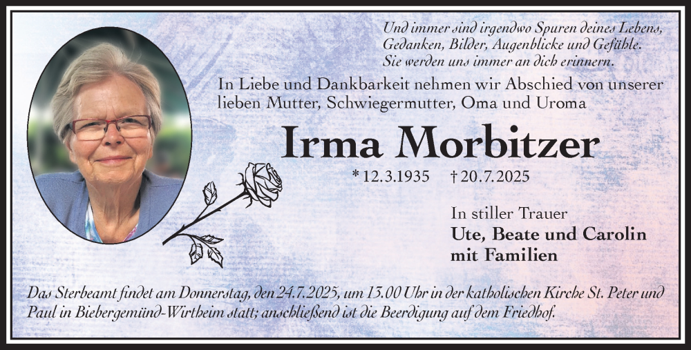  Traueranzeige für Irma Morbitzer vom 22.07.2025 aus Gelnhäuser Neue Zeitung