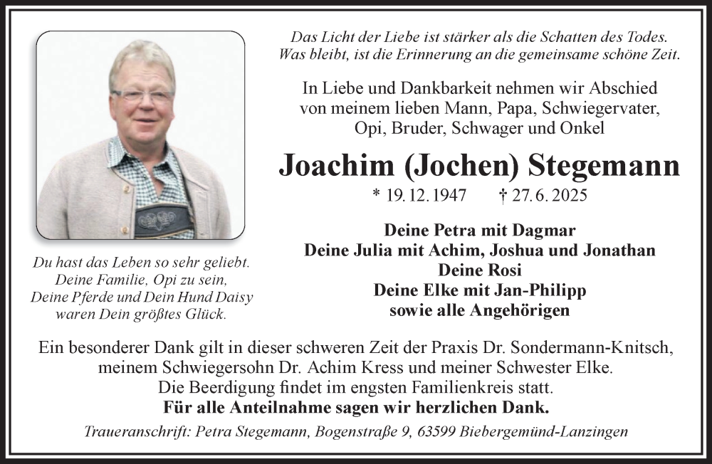  Traueranzeige für Joachim Stegemann vom 12.07.2025 aus Gelnhäuser Neue Zeitung