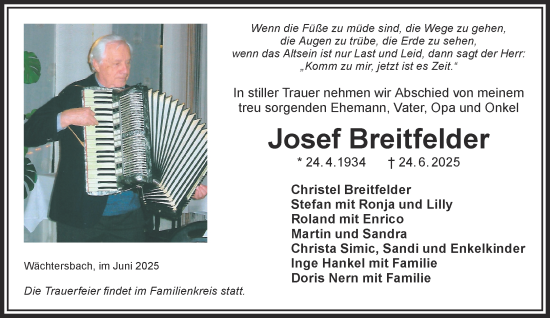 Traueranzeige von Josef Breitfelder von Mittelhessen-Bote