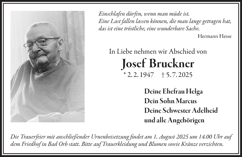  Traueranzeige für Josef Bruckner vom 19.07.2025 aus Gelnhäuser Neue Zeitung