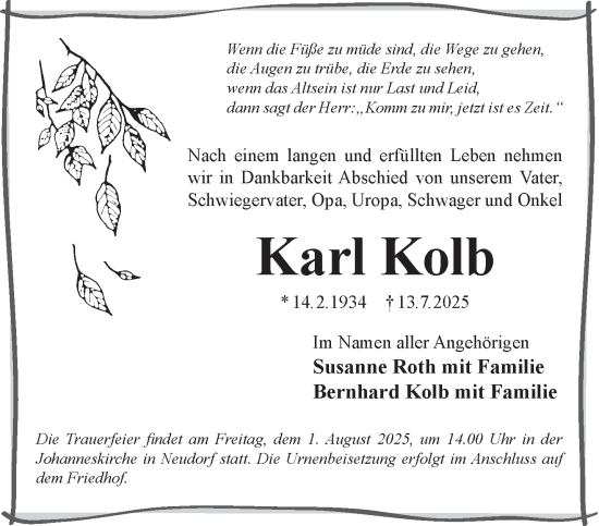 Traueranzeige von Karl Kolb von Gelnhäuser Neue Zeitung