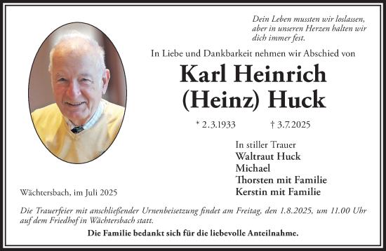 Traueranzeige von Karl Heinrich Huck von Gelnhäuser Neue Zeitung