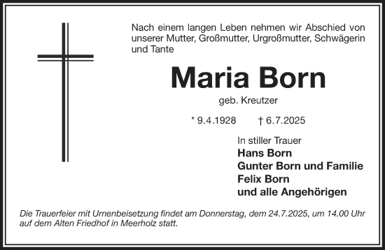 Traueranzeige von Maria Born von Mittelhessen-Bote