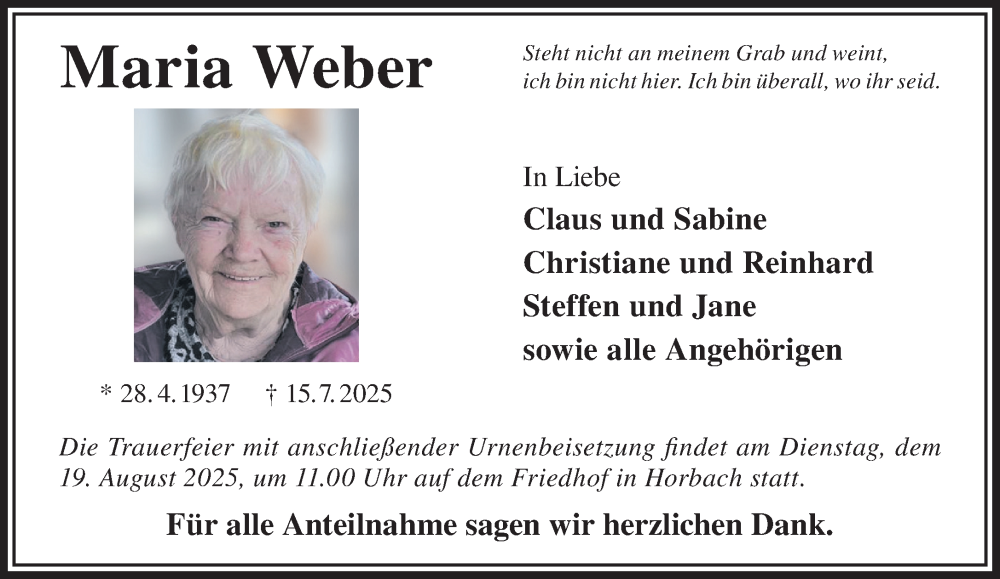  Traueranzeige für Maria Weber vom 26.07.2025 aus Mittelhessen-Bote