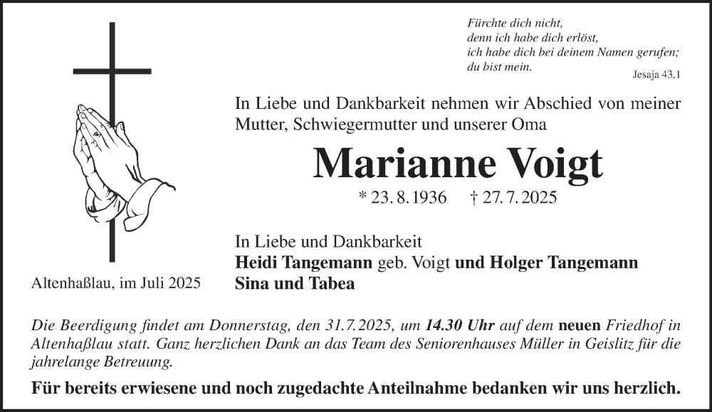  Traueranzeige für Marianne Voigt vom 29.07.2025 aus Gelnhäuser Neue Zeitung