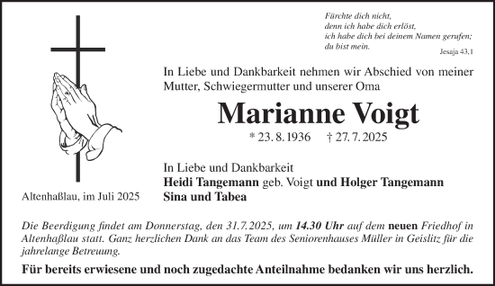 Traueranzeige von Marianne Voigt von Gelnhäuser Neue Zeitung