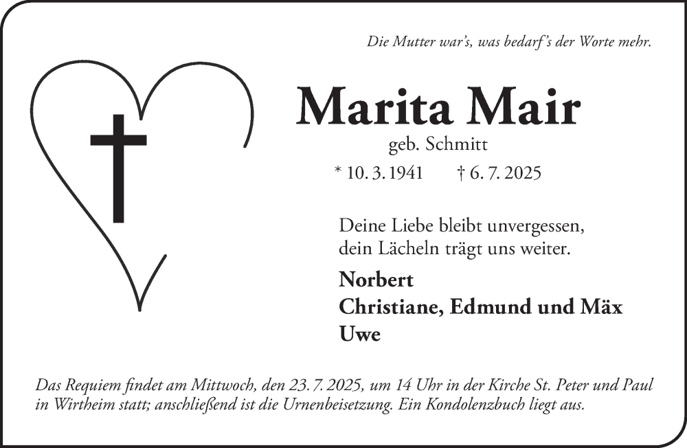  Traueranzeige für Marita Mair vom 19.07.2025 aus Gelnhäuser Neue Zeitung