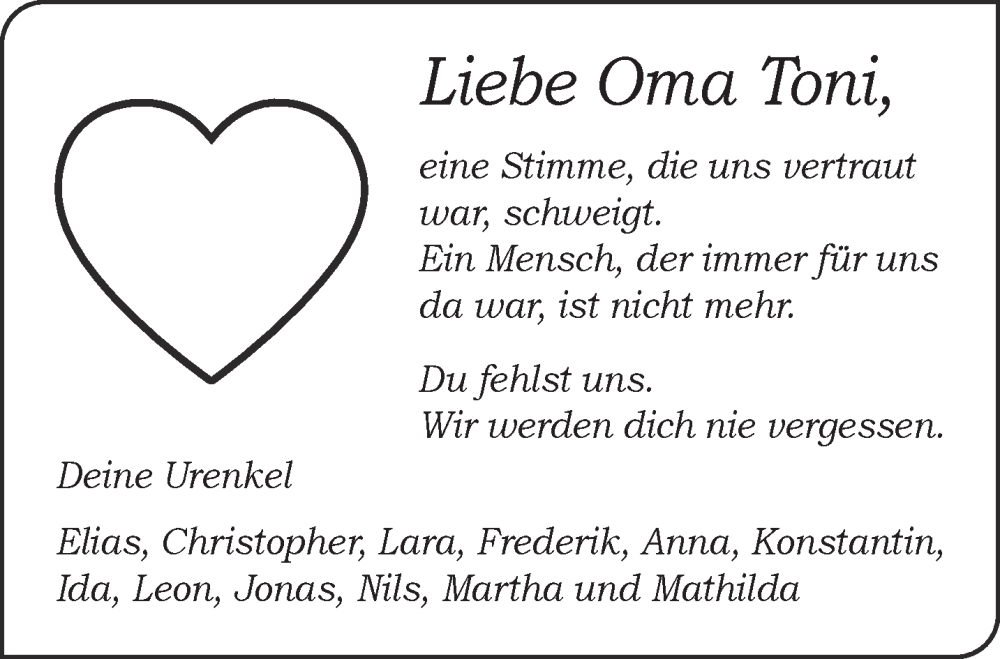  Traueranzeige für Oma Toni  vom 25.07.2025 aus Gelnhäuser Neue Zeitung