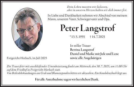 Traueranzeige von Peter Langstrof von Gelnhäuser Neue Zeitung