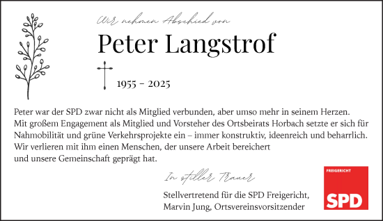 Traueranzeige von Peter Langstrof von Gelnhäuser Neue Zeitung
