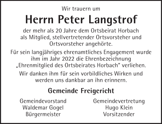 Traueranzeige von Peter Langstrof von Gelnhäuser Neue Zeitung