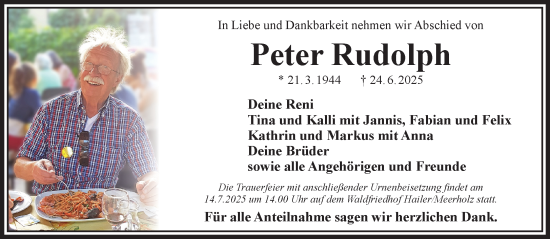 Traueranzeige von Peter Rudolph von Gelnhäuser Neue Zeitung
