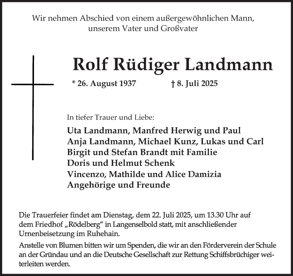  Traueranzeige für Rolf Rüdiger Landmann vom 12.07.2025 aus Gelnhäuser Neue Zeitung