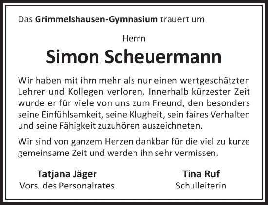 Traueranzeige von Simon Scheuermann von Gelnhäuser Neue Zeitung
