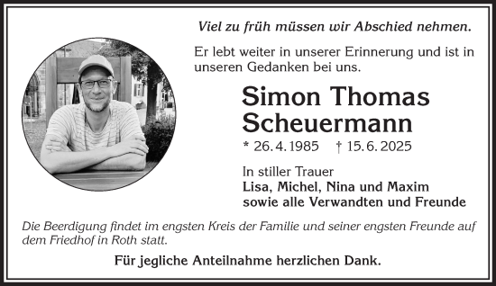 Traueranzeige von Simon Scheuermann von Gelnhäuser Neue Zeitung