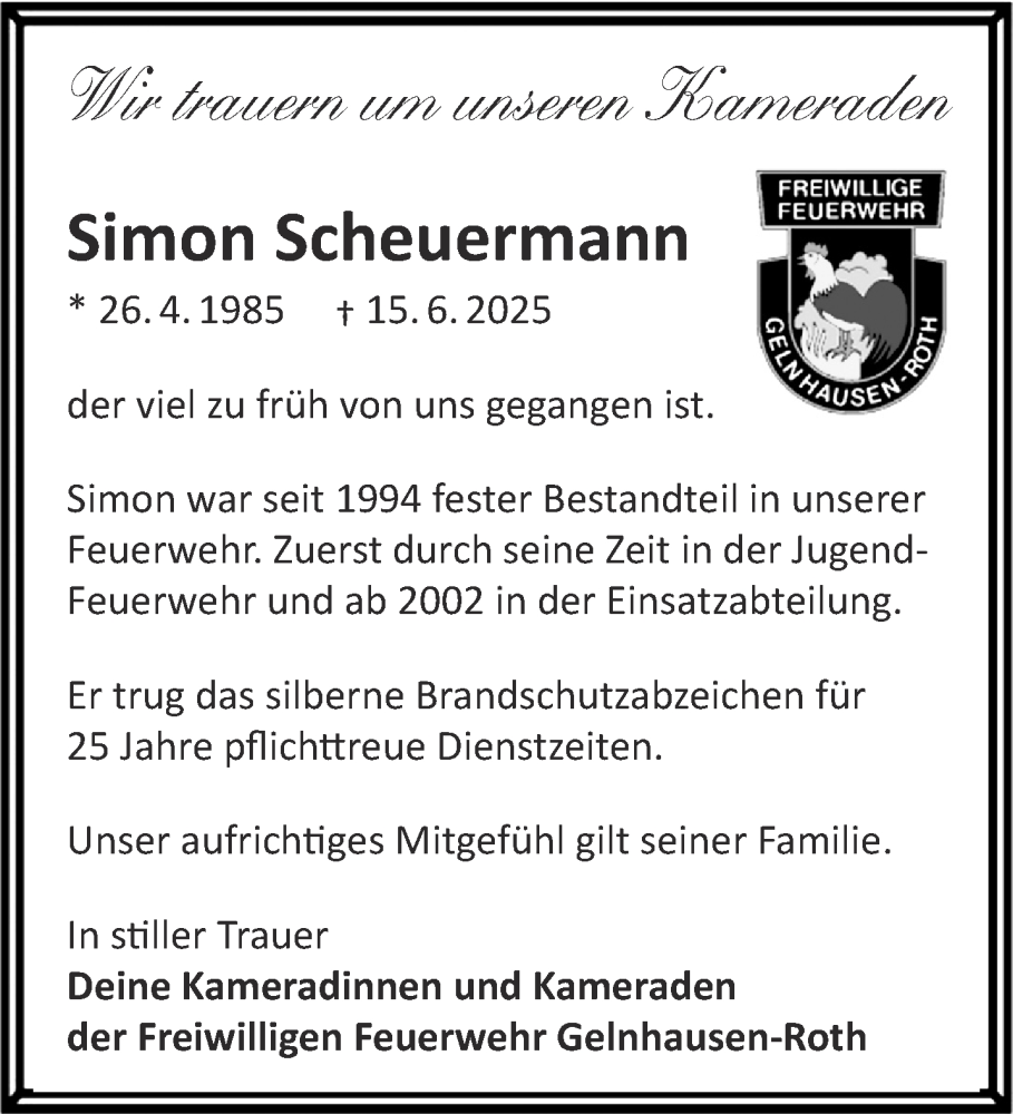  Traueranzeige für Simon Scheuermann vom 05.07.2025 aus Gelnhäuser Neue Zeitung