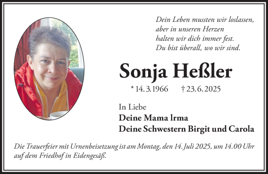 Traueranzeige von Sonja Heßler von Gelnhäuser Neue Zeitung