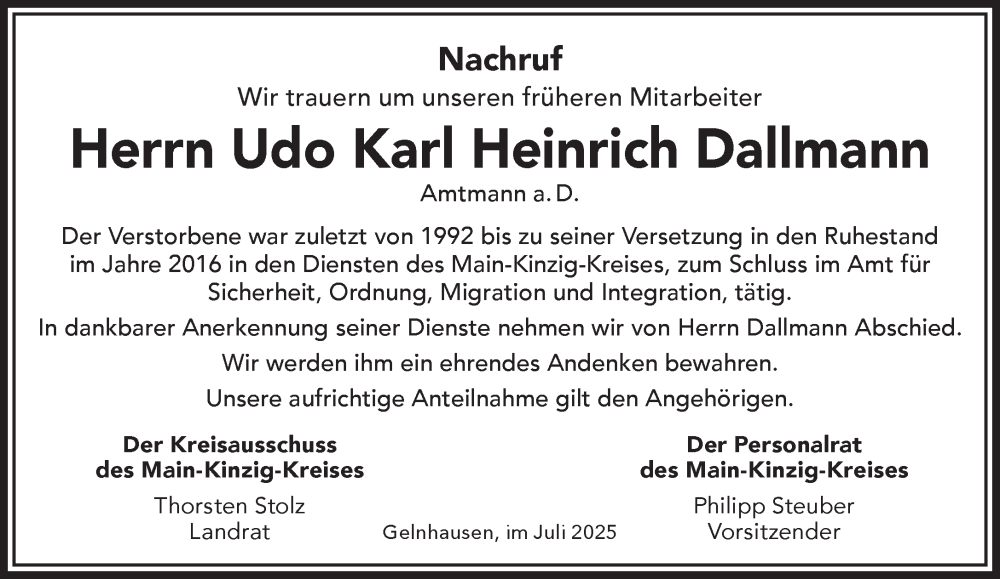  Traueranzeige für Udo Karl Heinrich Dallmann vom 12.07.2025 aus Gelnhäuser Neue Zeitung