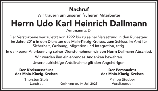 Traueranzeige von Udo Karl Heinrich Dallmann von Gelnhäuser Neue Zeitung