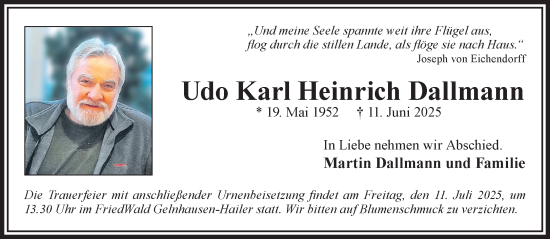 Traueranzeige von Udo Karl Heinrich Dallmann von Gelnhäuser Neue Zeitung