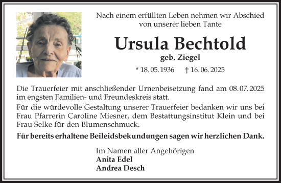 Traueranzeige von Ursula Bechtold von Gelnhäuser Neue Zeitung