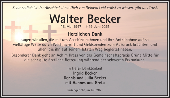 Traueranzeige von Walter Becker von Gelnhäuser Neue Zeitung